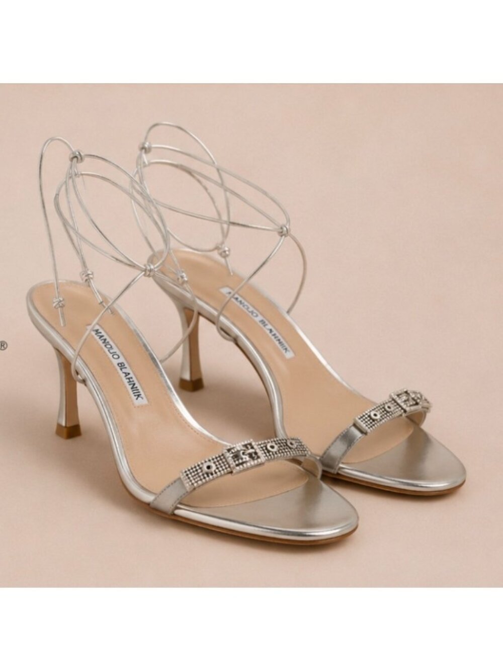 Manolo Blahnik Silver Metallic Crystal Strappy Heels Sandals EU 38